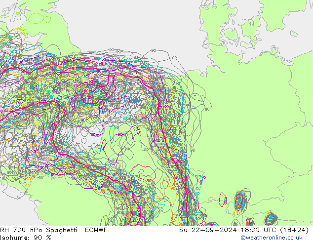 RH 700 hPa Spaghetti ECMWF So 22.09.2024 18 UTC