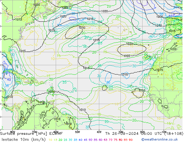 Isotachs (kph) ECMWF Th 26.09.2024 06 UTC