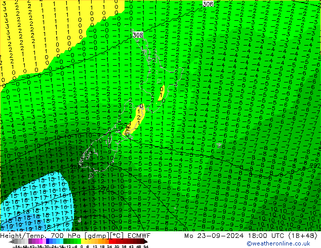 Hoogte/Temp. 700 hPa ECMWF ma 23.09.2024 18 UTC