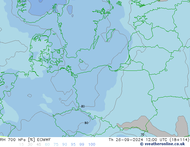 Humedad rel. 700hPa ECMWF jue 26.09.2024 12 UTC