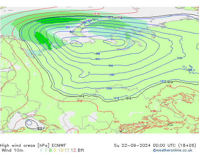 High wind areas ECMWF Su 22.09.2024 00 UTC