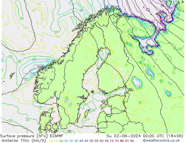 10米等风速线 (kph) ECMWF 星期日 22.09.2024 00 UTC