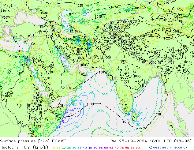 Isotachs (kph) ECMWF mer 25.09.2024 18 UTC