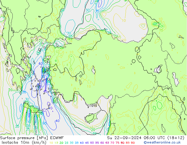 Isotachs (kph) ECMWF Ne 22.09.2024 06 UTC