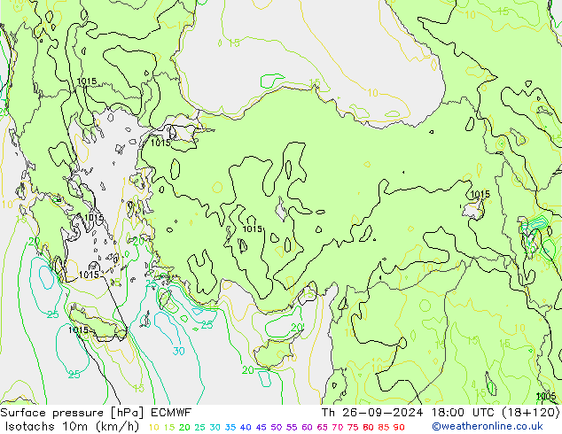 Isotachs (kph) ECMWF Th 26.09.2024 18 UTC