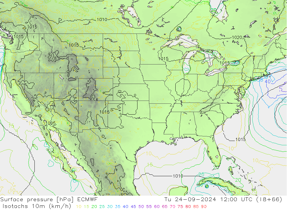 Isotachs (kph) ECMWF Út 24.09.2024 12 UTC