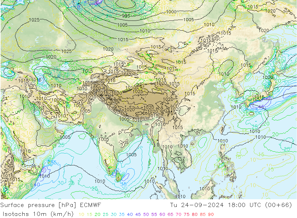 Eşrüzgar Hızları (km/sa) ECMWF Sa 24.09.2024 18 UTC