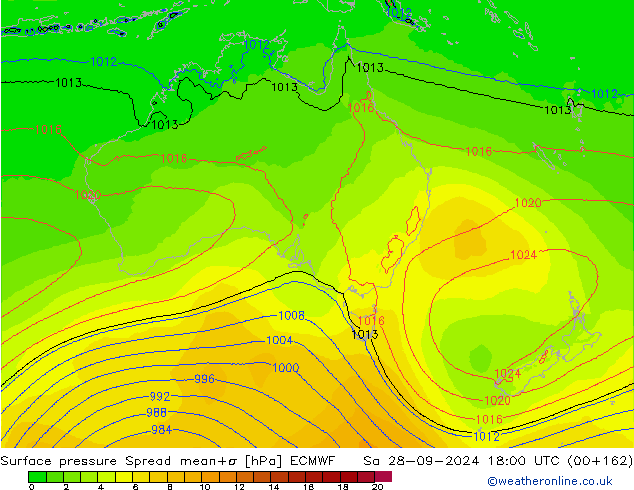 Surface pressure Spread ECMWF Sa 28.09.2024 18 UTC