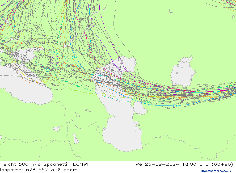 Height 500 hPa Spaghetti ECMWF We 25.09.2024 18 UTC