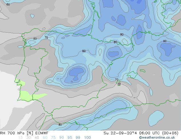 RH 700 гПа ECMWF Вс 22.09.2024 06 UTC