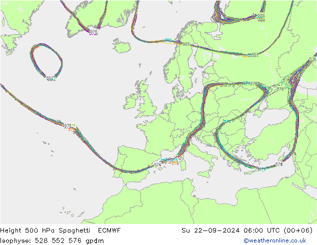 Height 500 hPa Spaghetti ECMWF So 22.09.2024 06 UTC