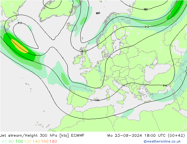 Jet stream/Height 300 hPa ECMWF Po 23.09.2024 18 UTC