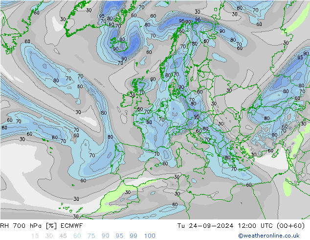 RH 700 hPa ECMWF Di 24.09.2024 12 UTC