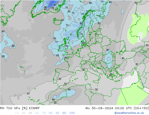 RH 700 hPa ECMWF Mo 30.09.2024 00 UTC