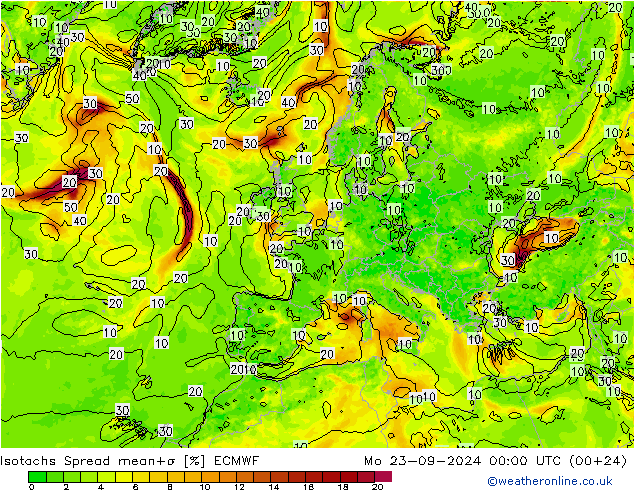 Isotachs Spread ECMWF 星期一 23.09.2024 00 UTC