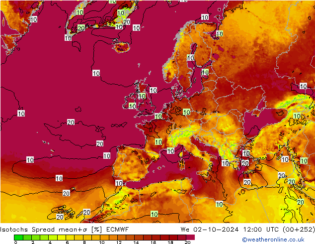 Isotachs Spread ECMWF Qua 02.10.2024 12 UTC