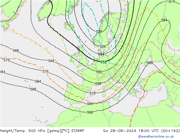 Height/Temp. 500 hPa ECMWF Sa 28.09.2024 18 UTC