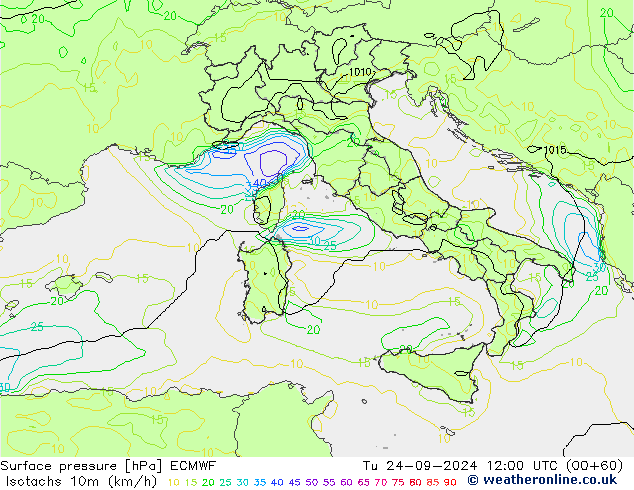 Isotachs (kph) ECMWF Ter 24.09.2024 12 UTC