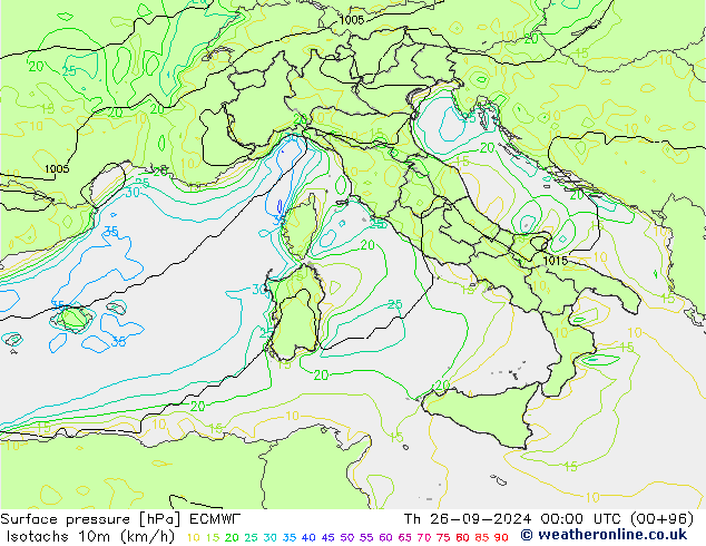 Isotachen (km/h) ECMWF Do 26.09.2024 00 UTC