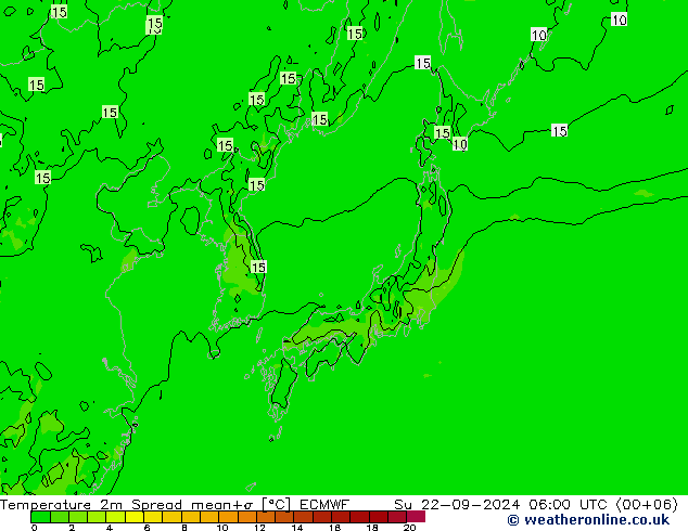 Temperature 2m Spread ECMWF Su 22.09.2024 06 UTC