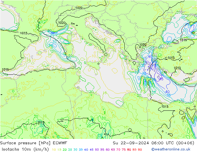 Isotachs (kph) ECMWF Su 22.09.2024 06 UTC