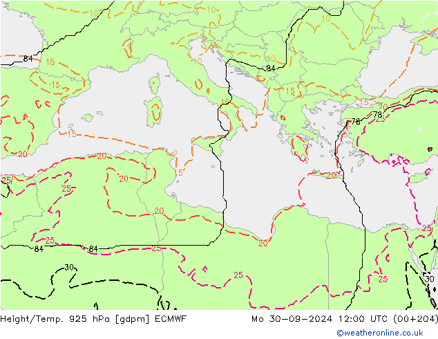 Height/Temp. 925 hPa ECMWF Mo 30.09.2024 12 UTC