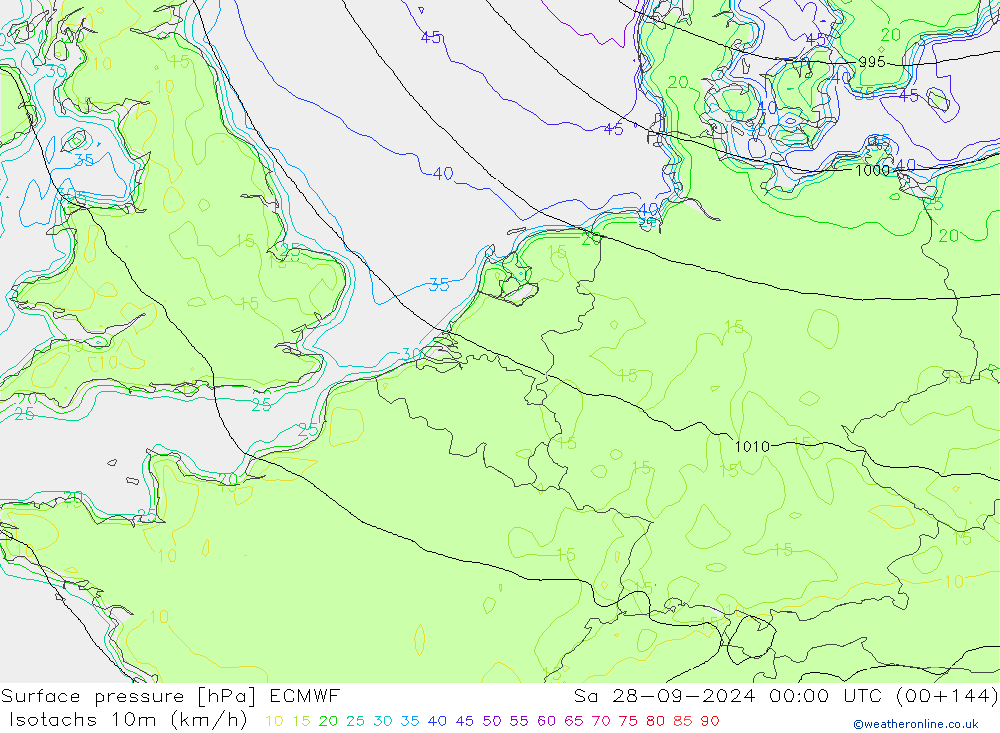 Isotachs (kph) ECMWF So 28.09.2024 00 UTC