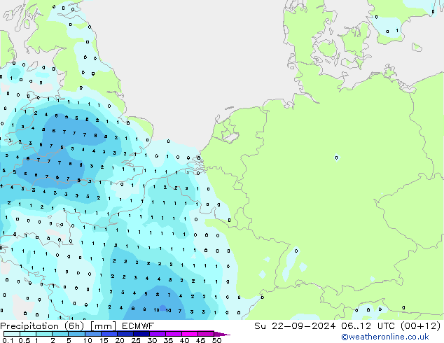 降水量 (6h) ECMWF 星期日 22.09.2024 12 UTC