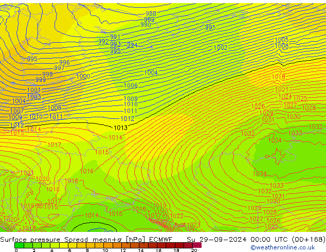 Luchtdruk op zeeniveau Spread ECMWF zo 29.09.2024 00 UTC