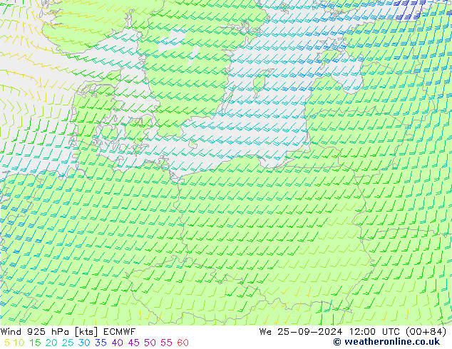 Vento 925 hPa ECMWF mer 25.09.2024 12 UTC