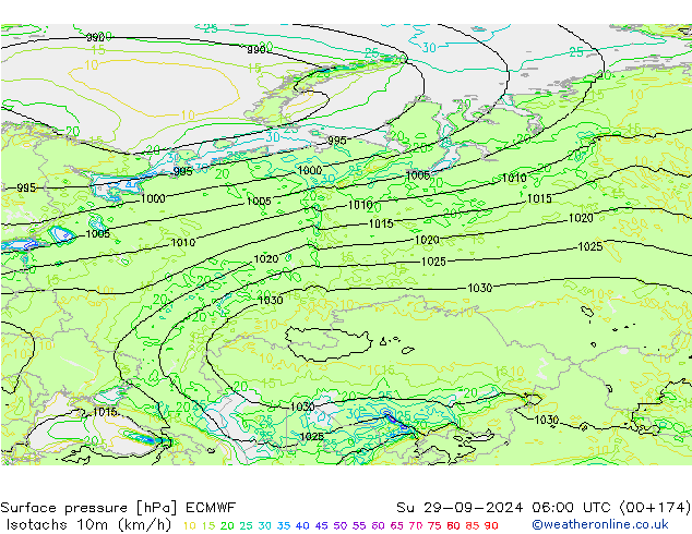 Isotachen (km/h) ECMWF So 29.09.2024 06 UTC