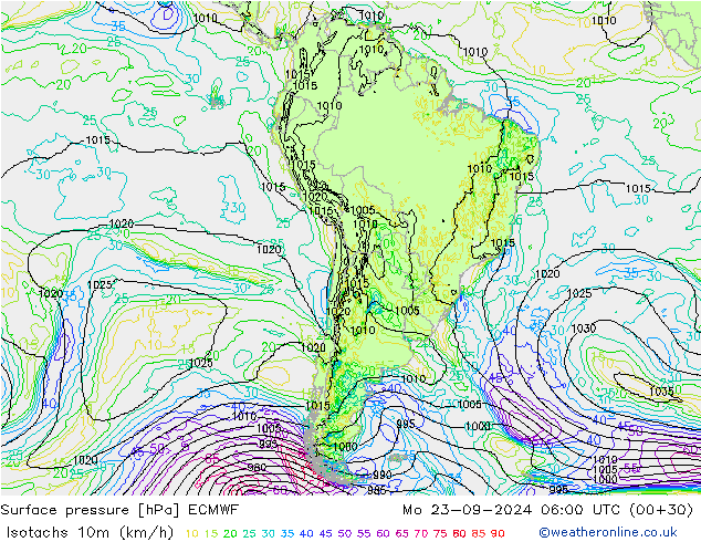 Isotachen (km/h) ECMWF ma 23.09.2024 06 UTC