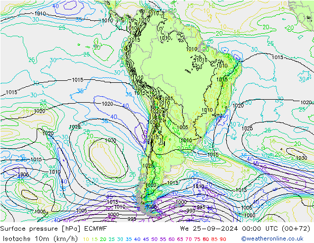 Isotachs (kph) ECMWF ср 25.09.2024 00 UTC