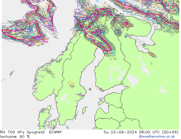 RH 700 hPa Spaghetti ECMWF So 22.09.2024 06 UTC