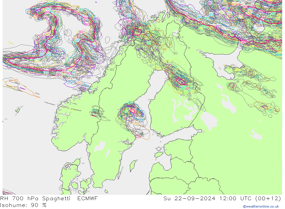 RH 700 hPa Spaghetti ECMWF So 22.09.2024 12 UTC