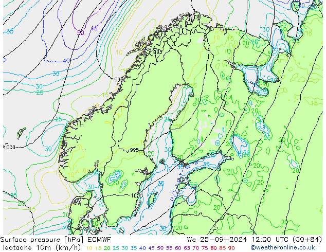 Isotachen (km/h) ECMWF wo 25.09.2024 12 UTC