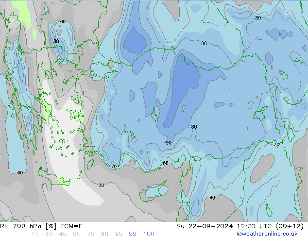 RH 700 hPa ECMWF Ne 22.09.2024 12 UTC