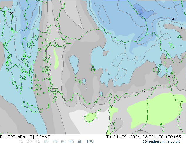 RH 700 hPa ECMWF Út 24.09.2024 18 UTC