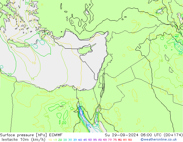 Isotaca (kph) ECMWF dom 29.09.2024 06 UTC