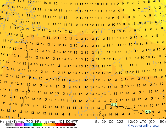 Geop./Temp. 700 hPa ECMWF dom 29.09.2024 12 UTC