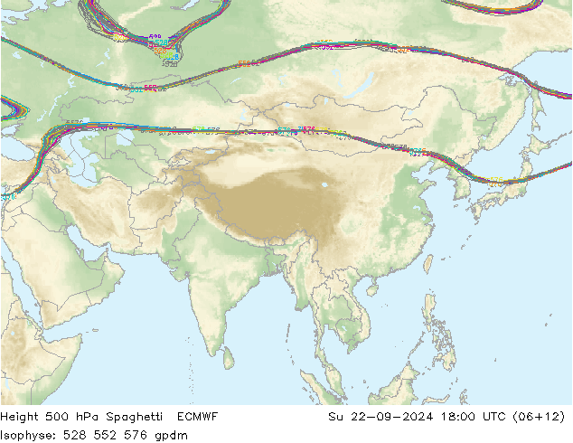 Height 500 hPa Spaghetti ECMWF Su 22.09.2024 18 UTC