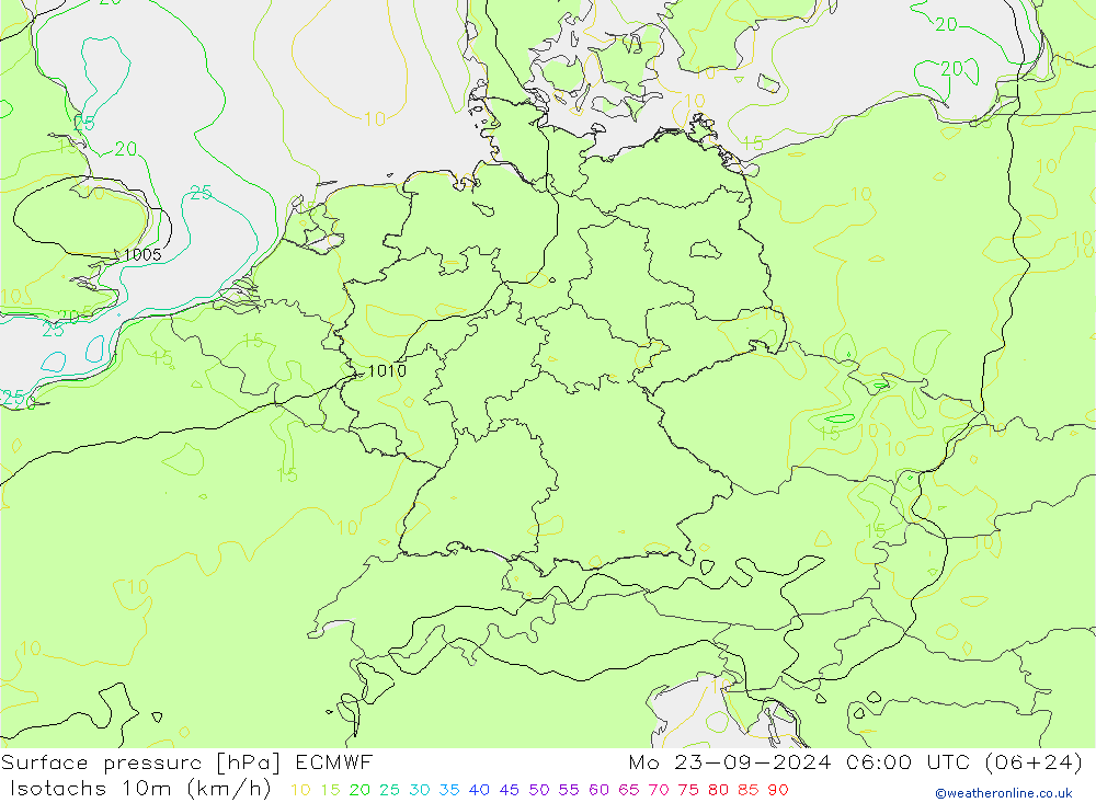 Isotachen (km/h) ECMWF Mo 23.09.2024 06 UTC