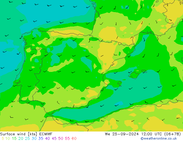 Vento 10 m ECMWF mer 25.09.2024 12 UTC