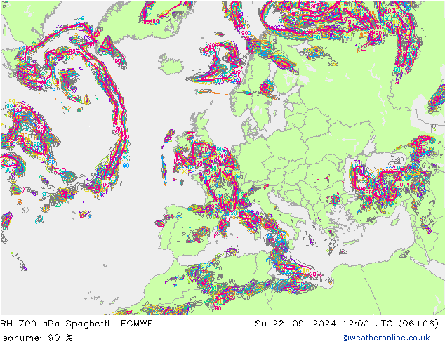 RH 700 hPa Spaghetti ECMWF Su 22.09.2024 12 UTC