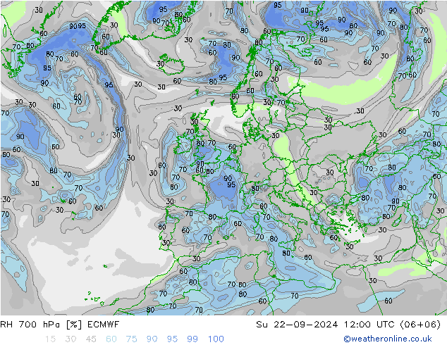 RH 700 hPa ECMWF So 22.09.2024 12 UTC