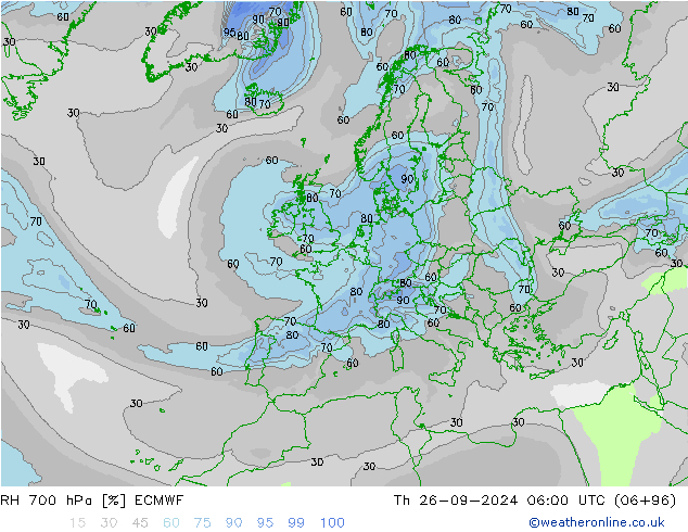 RH 700 hPa ECMWF czw. 26.09.2024 06 UTC