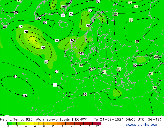 Hoogte/Temp. 925 hPa ECMWF di 24.09.2024 06 UTC