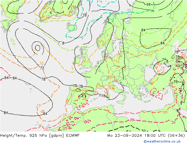 Height/Temp. 925 hPa ECMWF pon. 23.09.2024 18 UTC