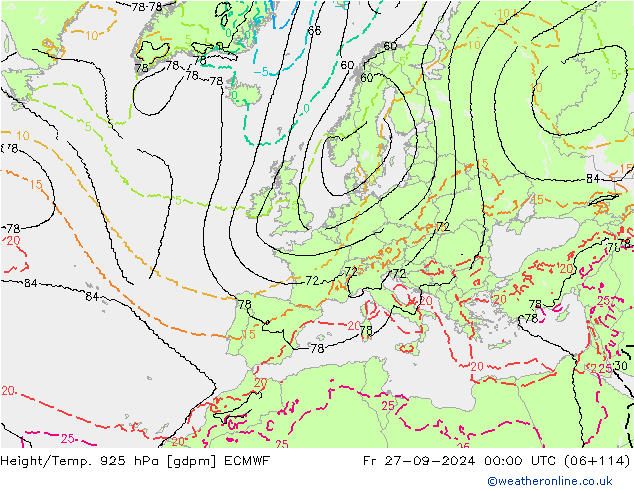 Hoogte/Temp. 925 hPa ECMWF vr 27.09.2024 00 UTC