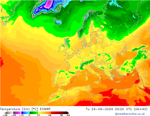 Temperatura (2m) ECMWF mar 24.09.2024 00 UTC